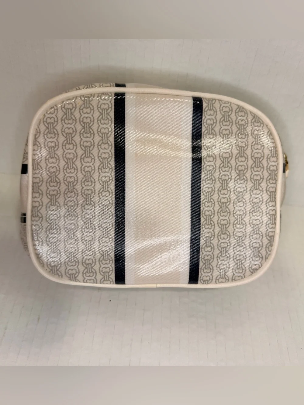Blue Tory Burch Gemini Link Stripe Makeup Bag With vertical striped design
